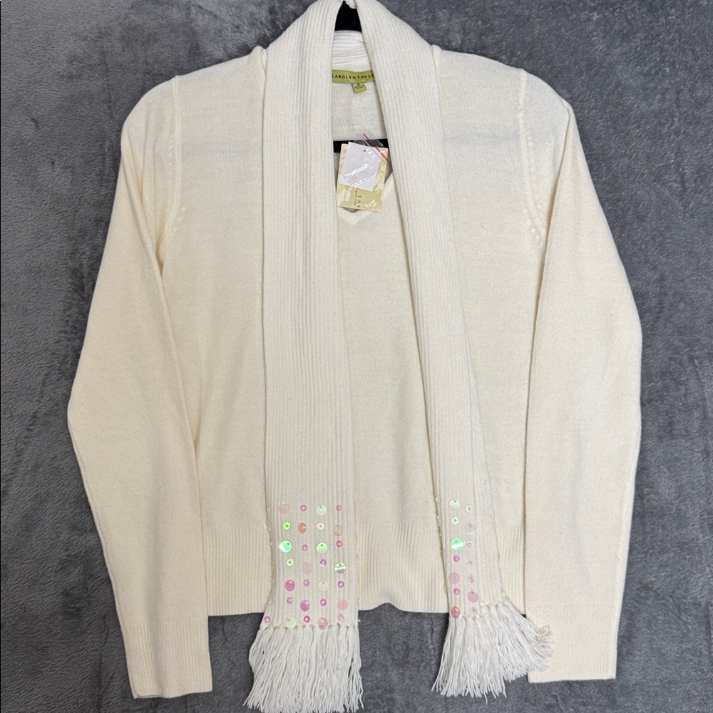 Carolyn Taylor Cream Combo V-Neck Sweater with Scarf Women's Size Small NWT